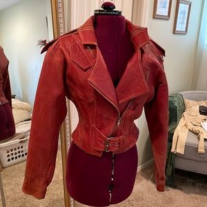 VINTAGE Tannery West asymmetrical leather moto jacket, pockets & zippers, sz S